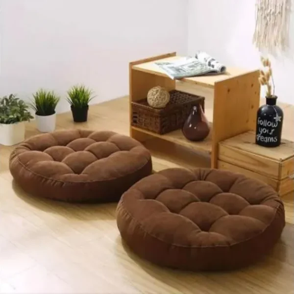 Velvet Floor Round Cushion 1 Pair Set-Brown